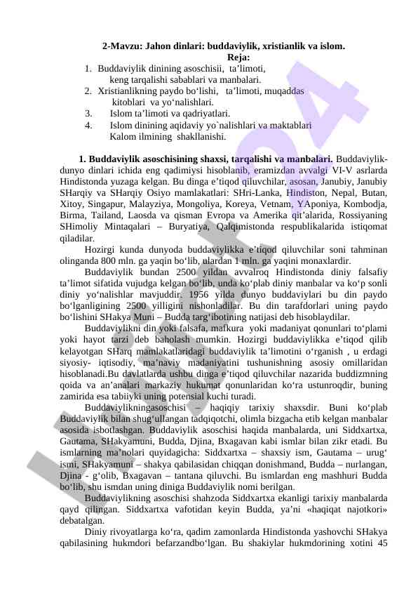 Jahon dinlari: buddaviylik, xristianlik va islom