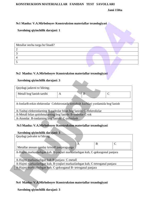 Konstruksion materiallar fanidan test savollari
