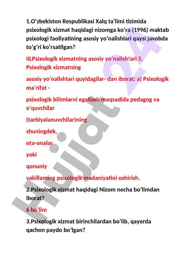 Psixologik xizmat haqidagi nizomning asosiy yo’nalishlari