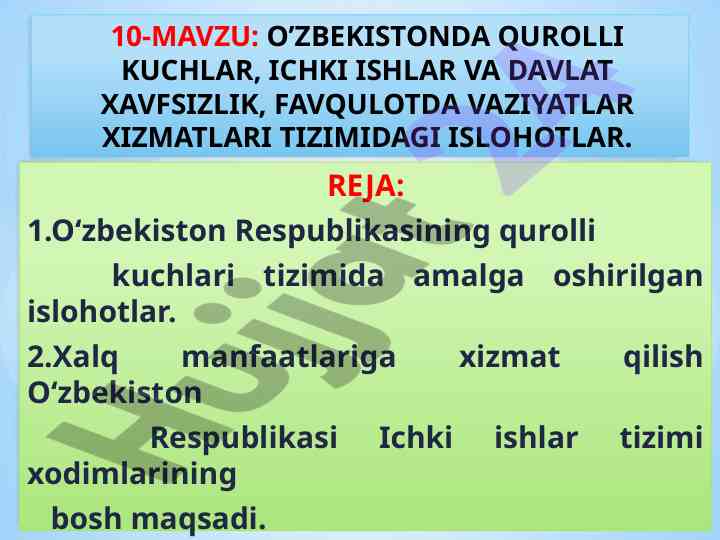 Islohotlar o‘zbekiston qurolli kuchlari tizimida