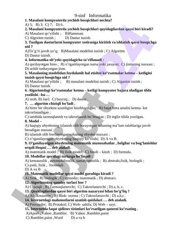 Kompyuterda masalani yechish bosqichlari testi