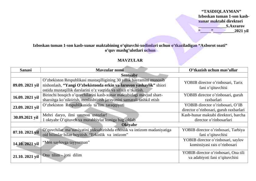 Axborot soati o‘quv mashg‘ulotlari mavzulari