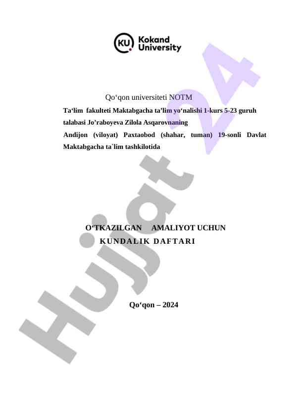 Amaliyot kundaligi maktabgacha ta‘lim yo‘nalishi