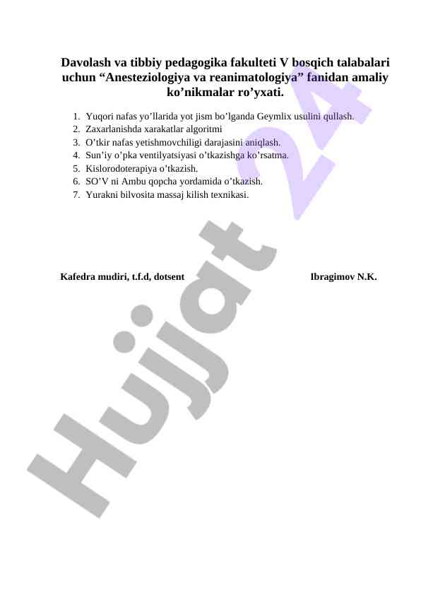 Anesteziologiya va reanimatologiya fanidan amaliy ko'nikmalar