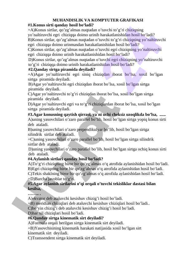 Muhandislik va kompyuter grafikasiga oid testlar