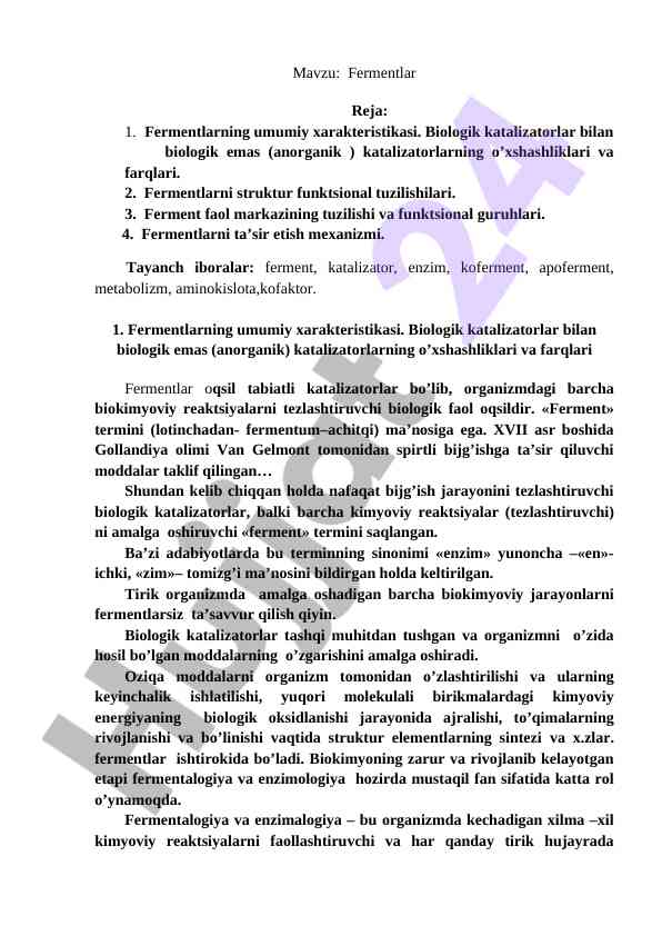 Fermentlar va ularning katalizatorlik funktsiyalari