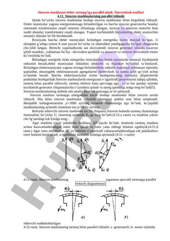 Sinxron mashinalarni elektr tarmog‘iga parallel ulash