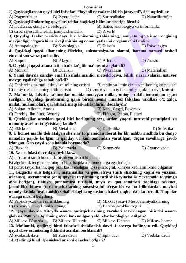 Falsafa bo'yicha test savollari