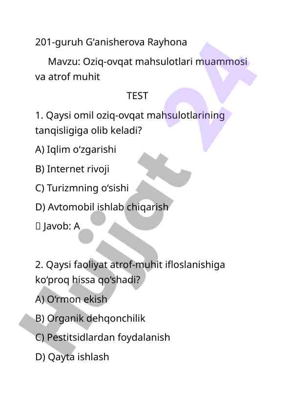 Oziq-ovqat mahsulotlari muammolari va atrof muhit