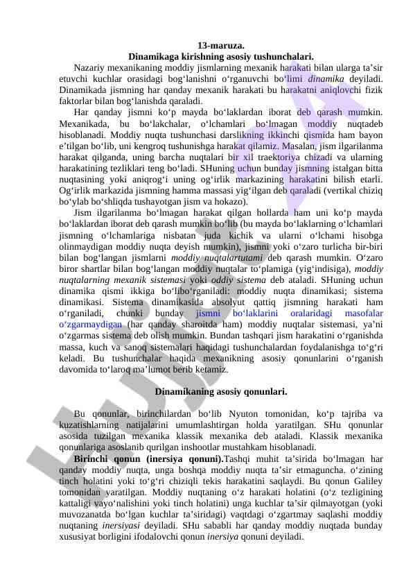 Dinamikaga kirish tushunchalari va nazariy mexanika
