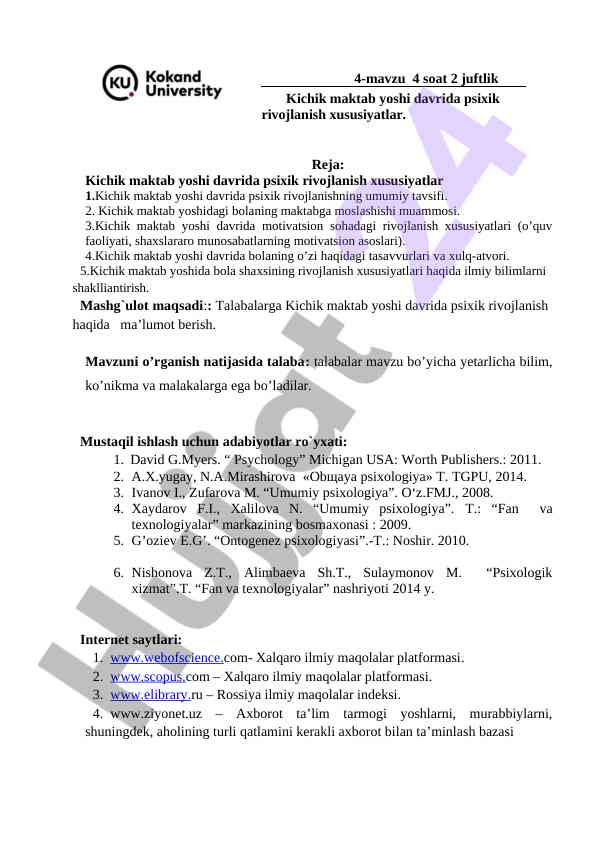 Kichik maktab yoshi davrida psixik rivojlanish
