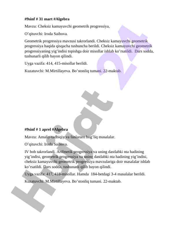 Cheksiz kamayuvchi geometrik progressiya mavzusi
