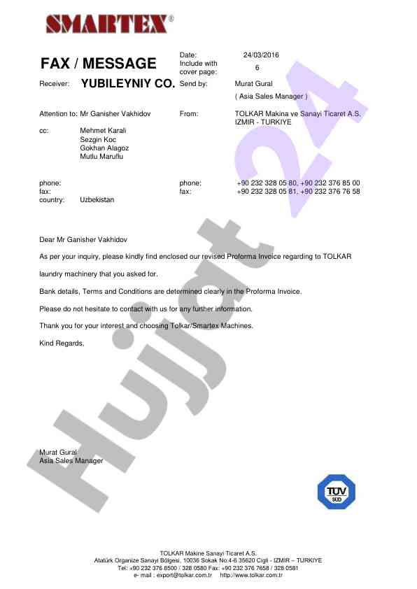 Revised proforma invoice for laundry machinery inquiry