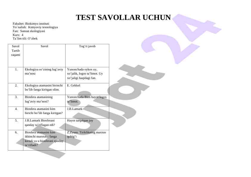 Sanoat ekologiyasi fanidan test savollari