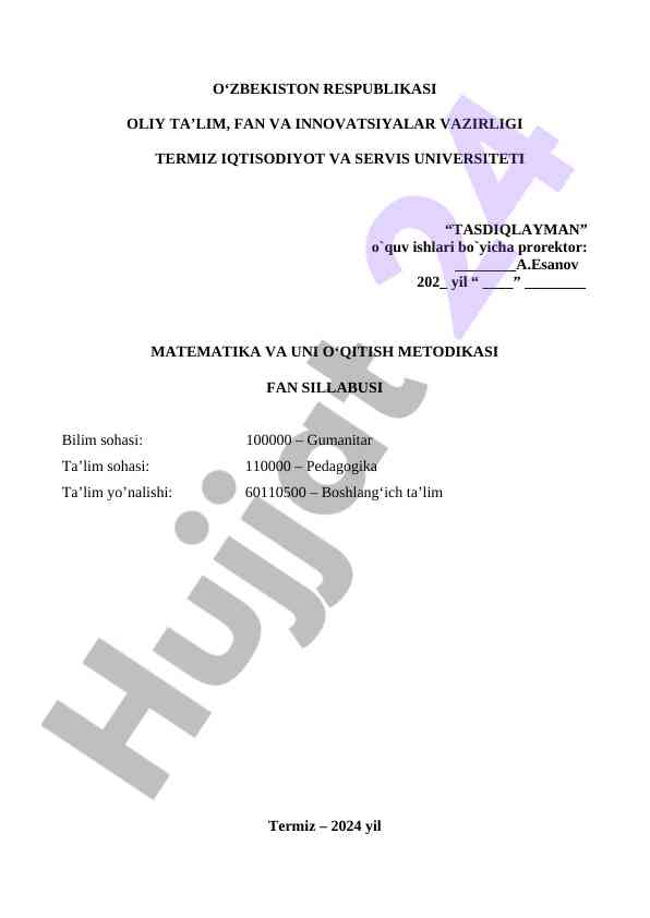 Matematika va uni o‘qitish metodikasining sillabusi
