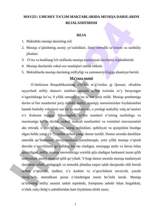 Umumiy ta'lim maktablarida musiqa darslarini rejalashtirish