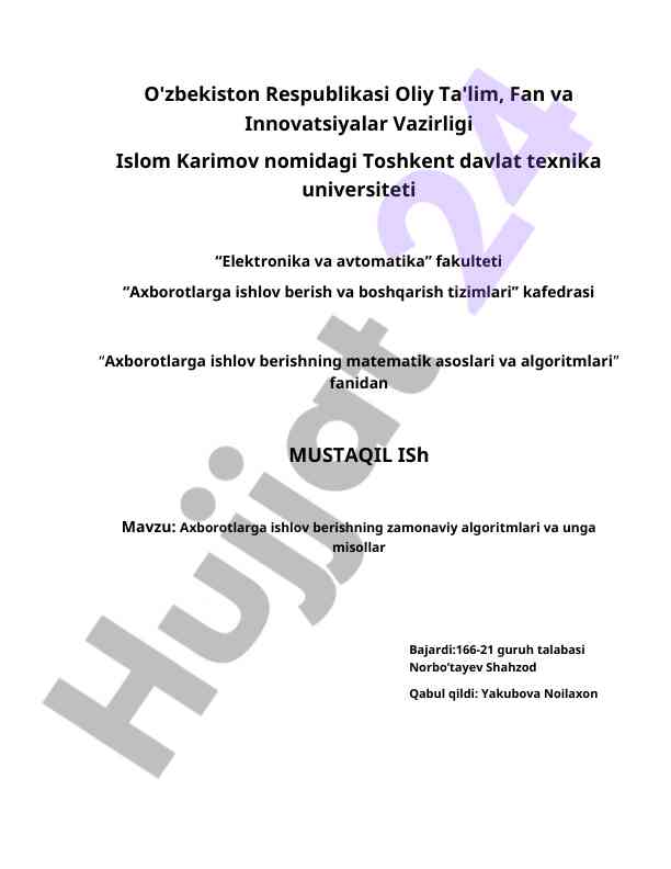 Zamonaviy algoritmlar va misollar bo'yicha mustaqil ish
