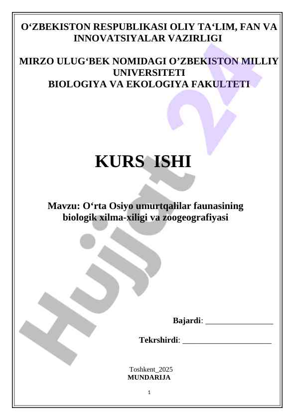 O‘rta osiyo umurtqalilar faunasining biologik xilma-xiligi