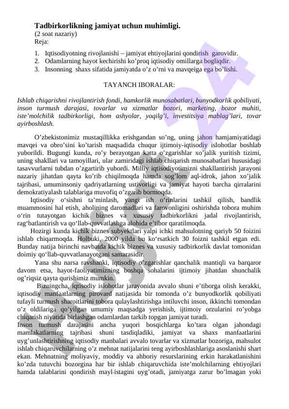 Tadbirkorlik va iqtisodiyotning jamiyatdagi o'rni