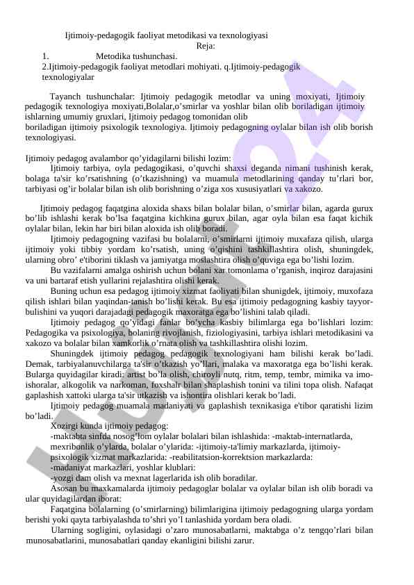 Ijtimoiy-pedagogik faoliyat metodikasi va texnologiyasi