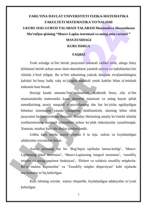 Muovr-laplas teoremasi va uning aniqlik varianti