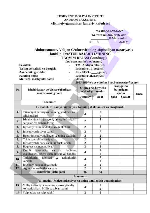 Iqtisodiyot nazariyasi dastur bajarilishining rejasi