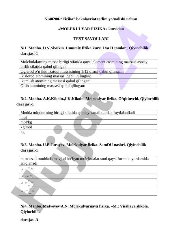 Molekulyar fizika kursidan test savollari №1