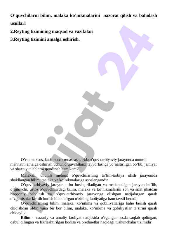 Reyting tizimi va o’quvchilarni baholash usullari