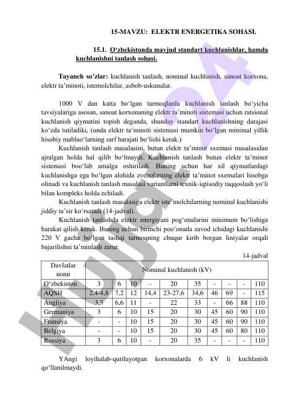 Elektr energetika sohasida kuchlanish tanlash tavsiyalari