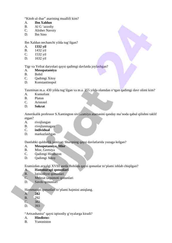 Qadimgi davr tarixi bo‘yicha test savollari