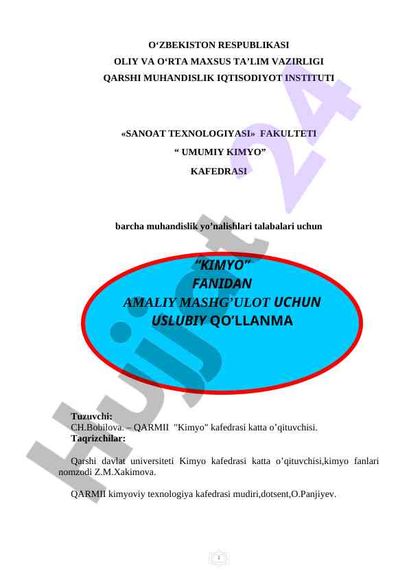 Umumiy kimyo ilmiy uslubi va laboratoriya ishlari
