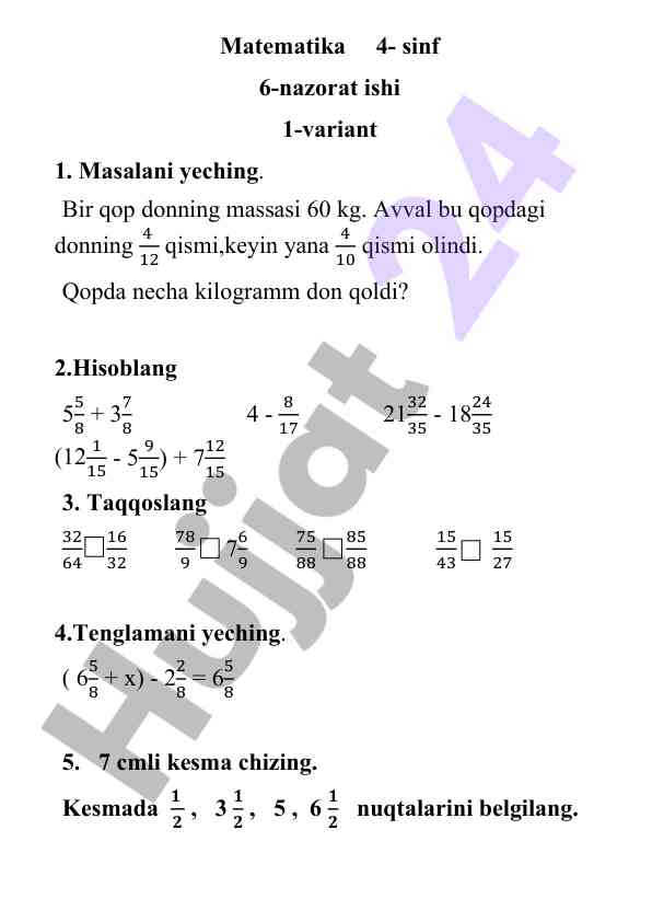 Matematika 4-sinf nazorat ishlari varianti