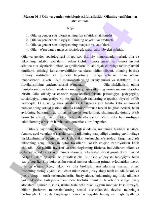 Oila va gender sotsiologiyasi fan sifatida