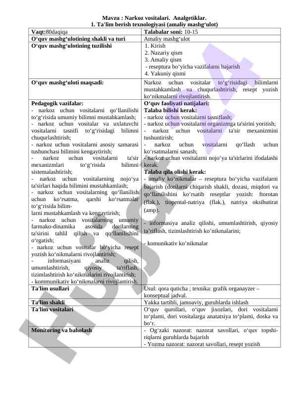 Narkoz vositalari va analgetiklar bo'yicha qo'llanma