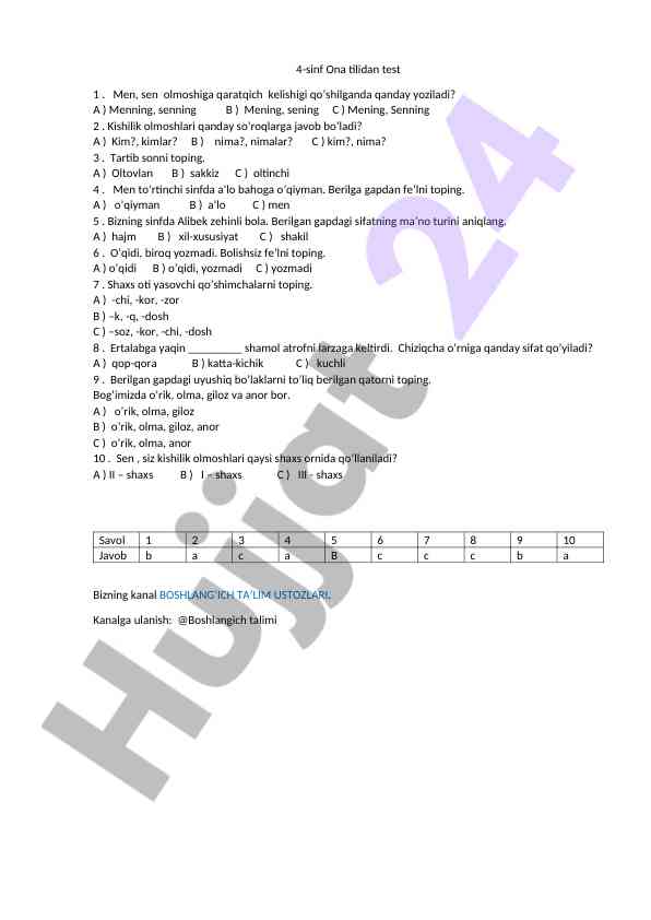 4-sinf ona tilidan test savollari