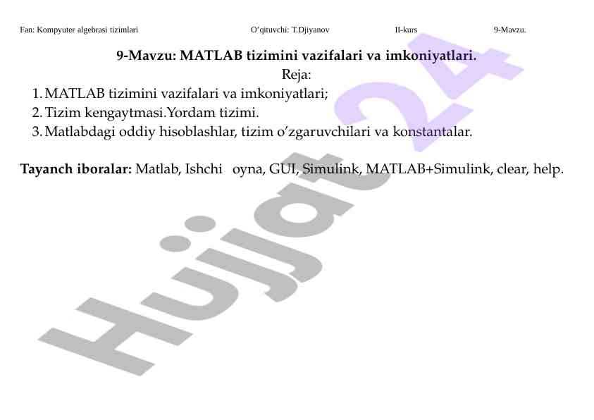 Matlab tizimining vazifalari va imkoniyatlari