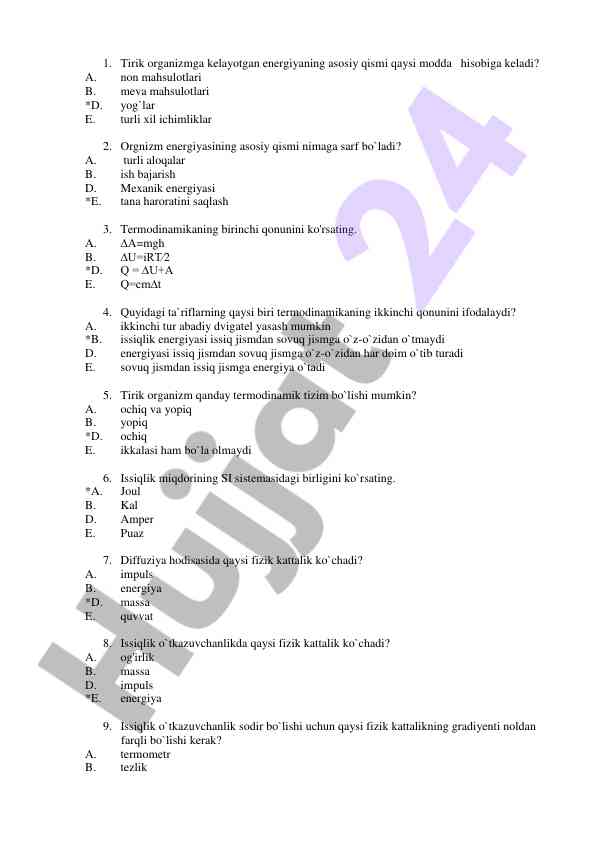 Termodinamika sohasida o‘qitish test savollari