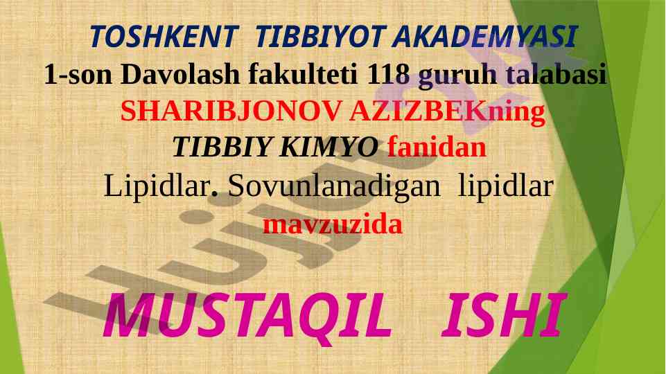 Sovunlanadigan lipidlar mavzusi bo'yicha mustaqil ish