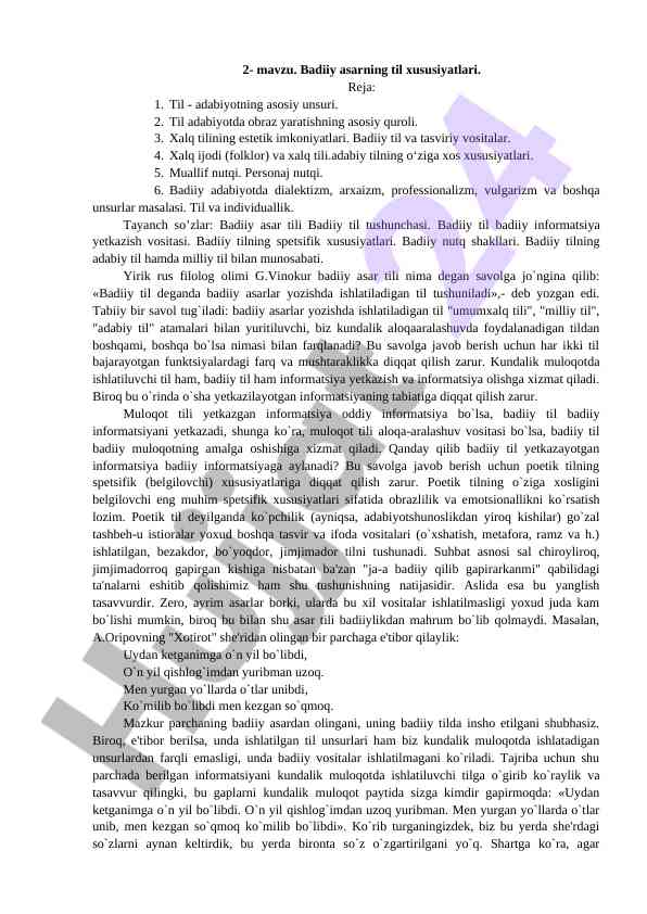Badiiy asarning til xususiyatlari tahlili