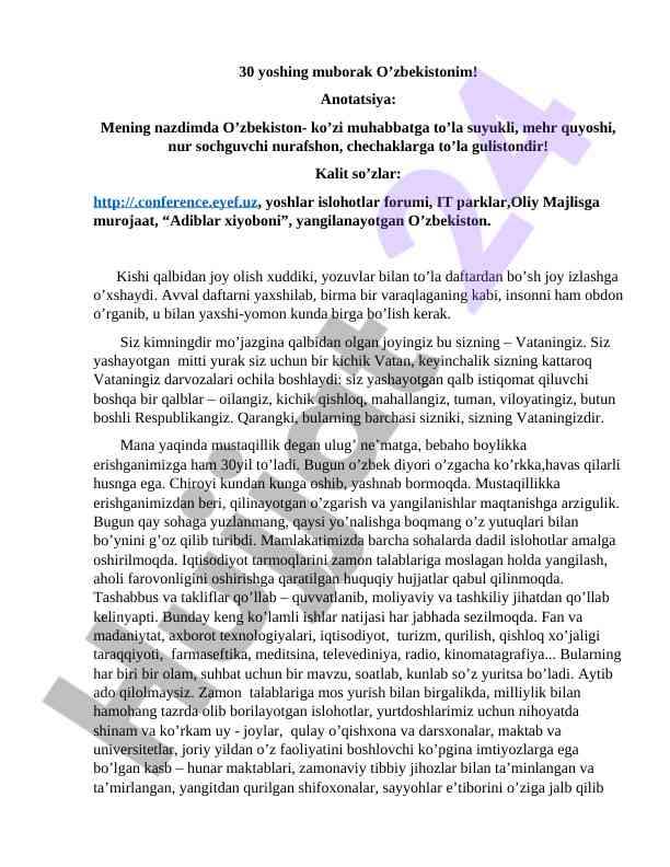 30 yil o’zbekistonning mustaqilligi va rivojlanishi