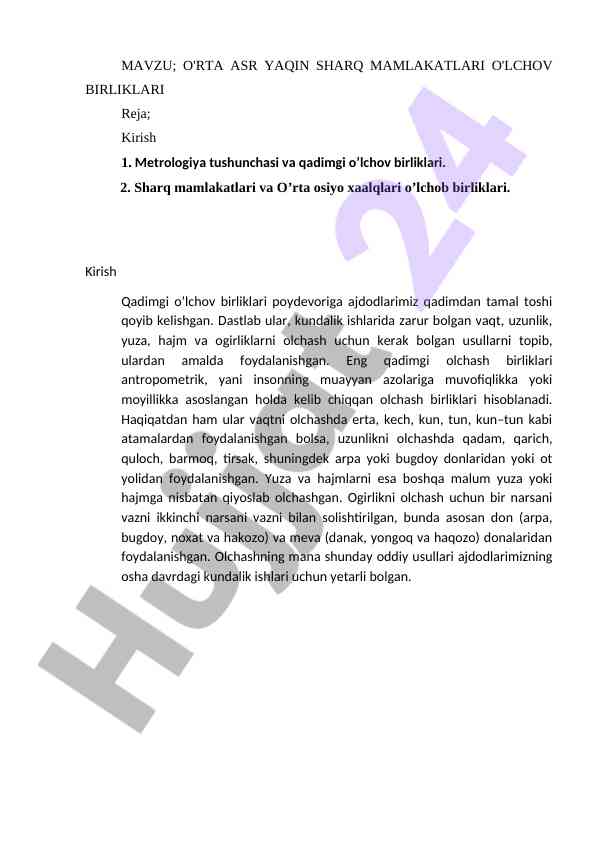 O'rta asr yaqin sharq o'lchov birliklari