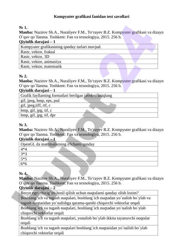Kompyuter grafikasi fanidan test savollari