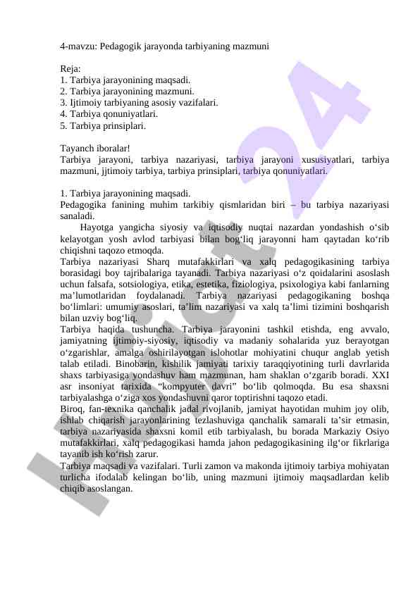 Pedagogik jarayonda tarbiyaning mazmuni