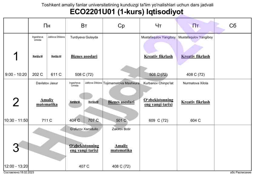 Toshkent amaliy fanlar universiteti dars jadvali