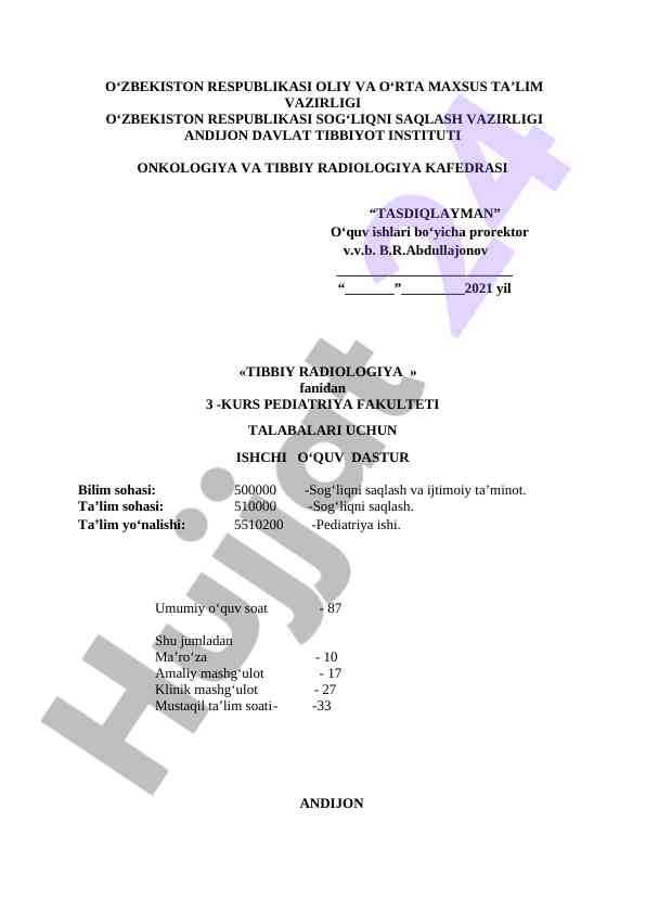 Tibbiy radiologiya fanidan ishchi o‘quv dasturi