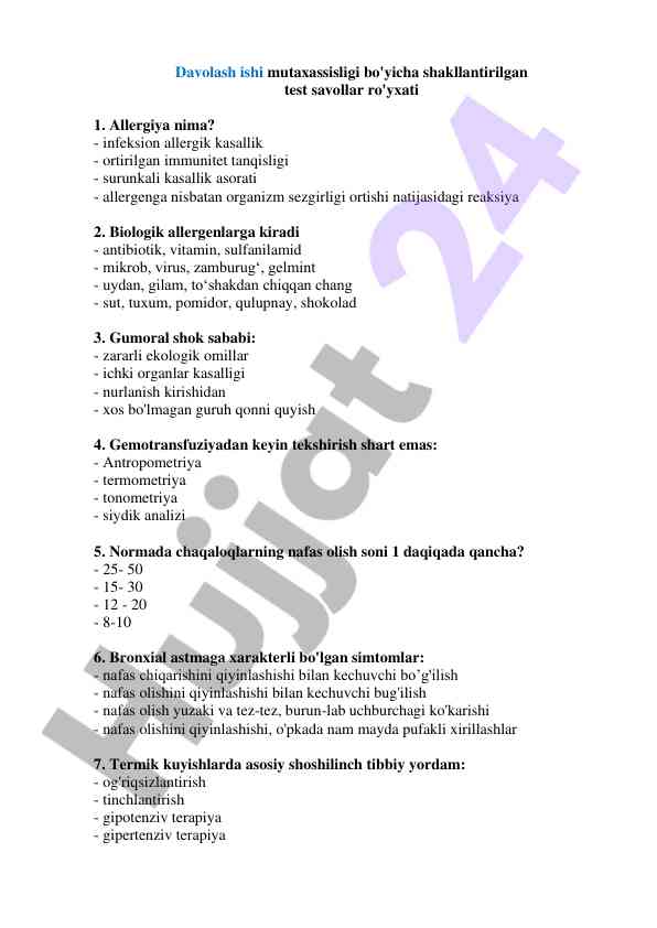 Davolash ishiga oid test savollari ro'yxati