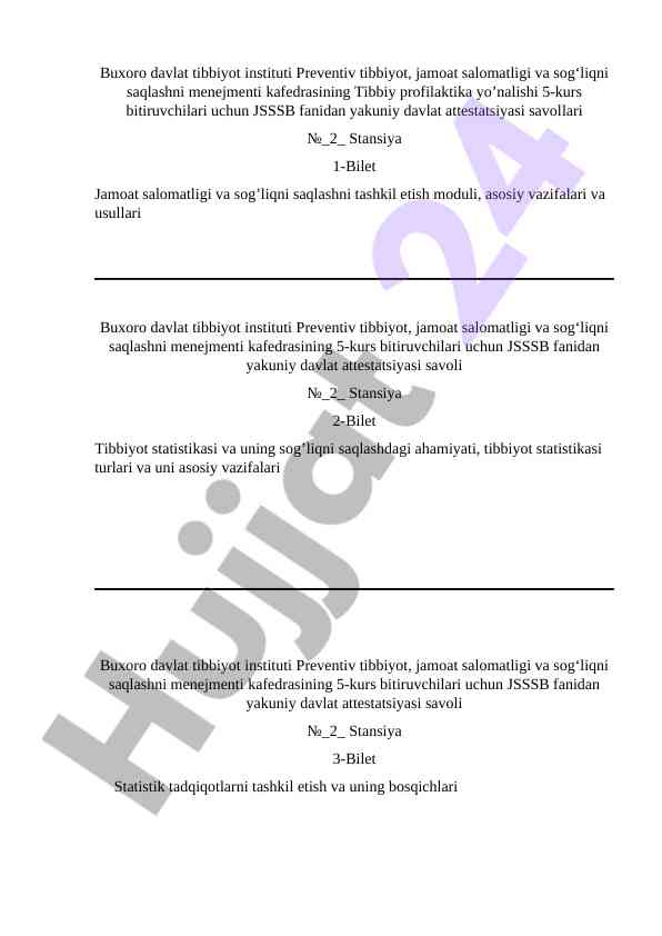 Jamoat salomatligi bo'yicha davlat attestatsiyasi savollari