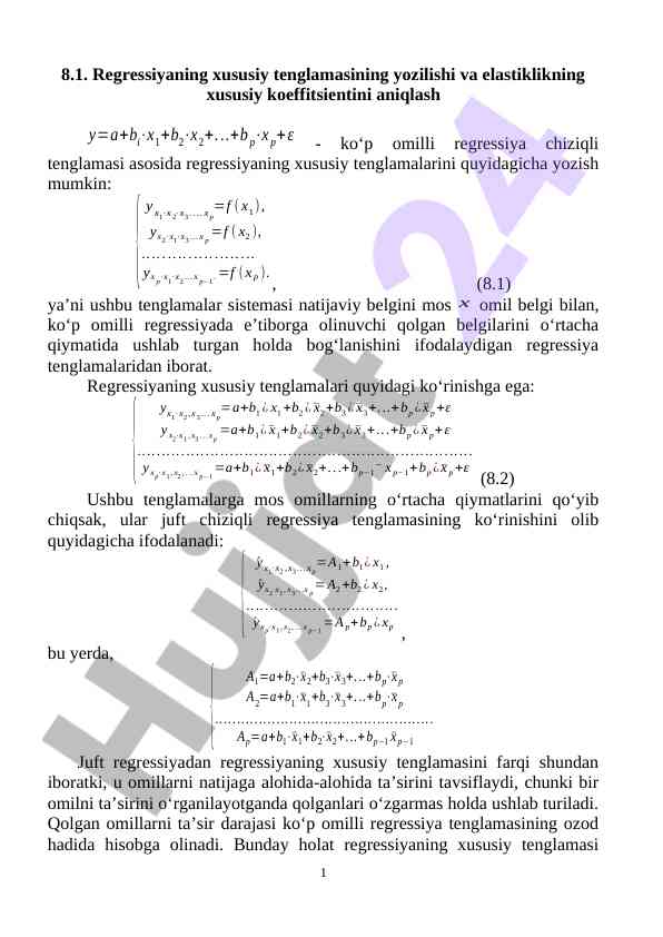 Regressiyaning xususiy tenglamasi va elastiklik koeffitsienti