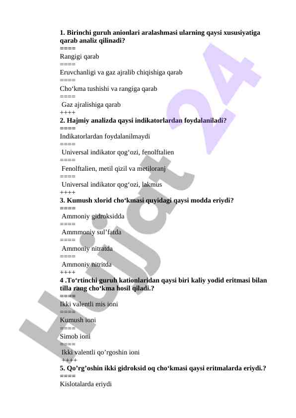 Kimyoviy tahlil savollari va javoblari