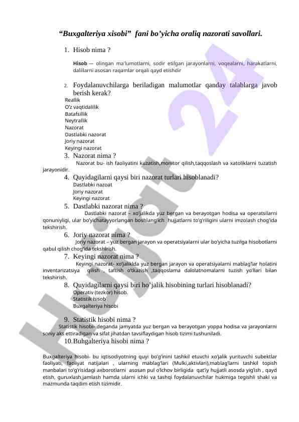 Buxgalteriya hisobi oraliq nazorati savollari